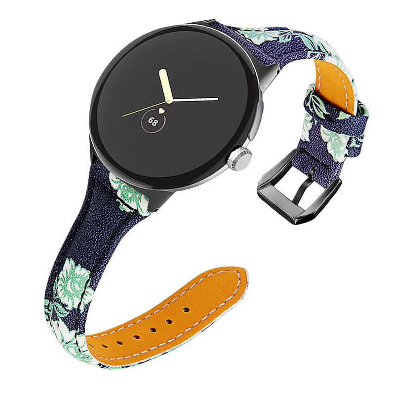 For Google Pixel Watch 2 Pixel Watch Flower Pattern Genuine Leather Watch Band Replacement Strap with Black Connector For Google Pixel Watch 2 Pixel Watch Flower Pattern Genuine Leather Watch Band Replacement Strap with Black Connector